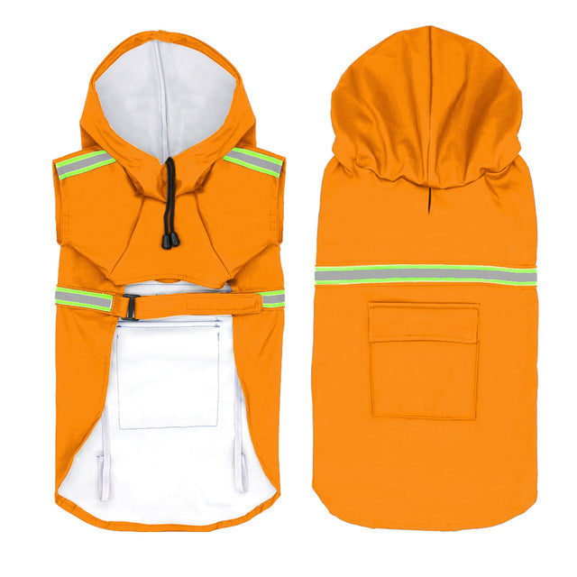 MATERA PET waterproof dog raincoat in orange, underside and back view showing drawstring hood, reflective stripes and back pocket