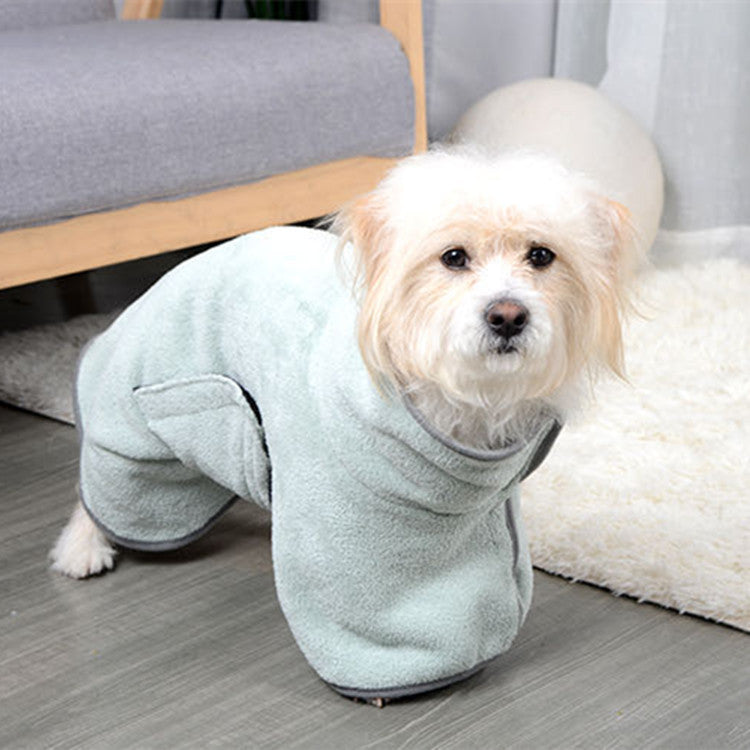 Dog walking in the grey quick-dry bathrobe, all four legs covered