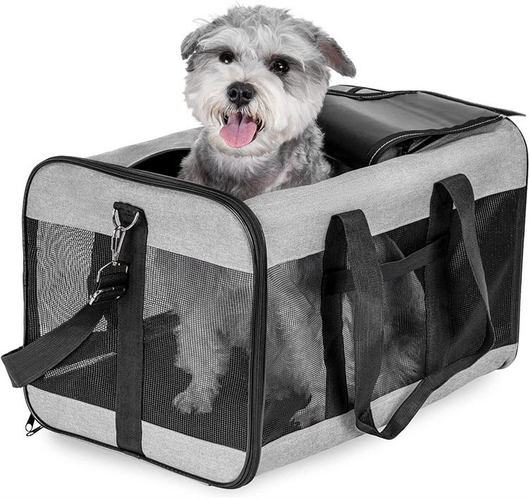 Foldable Pet Carrier Bag with a small dog inside, showcasing its breathable and portable design for easy travel.