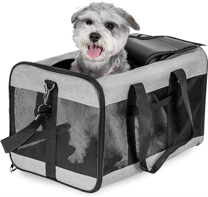 Foldable Pet Carrier Bag with a small dog inside, showcasing its breathable and portable design for easy travel.