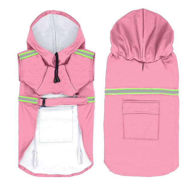 MATERA PET pink reflective dog raincoat, underside and back view with drawstring hood and flap pocket