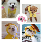Dogs and a cat wearing the MATERA PET yellow banana fleece hoodie in customer photos