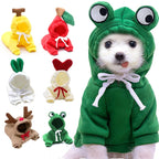 Puppy wearing MATERA PET green frog fleece hoodie with the other styles shown alongside