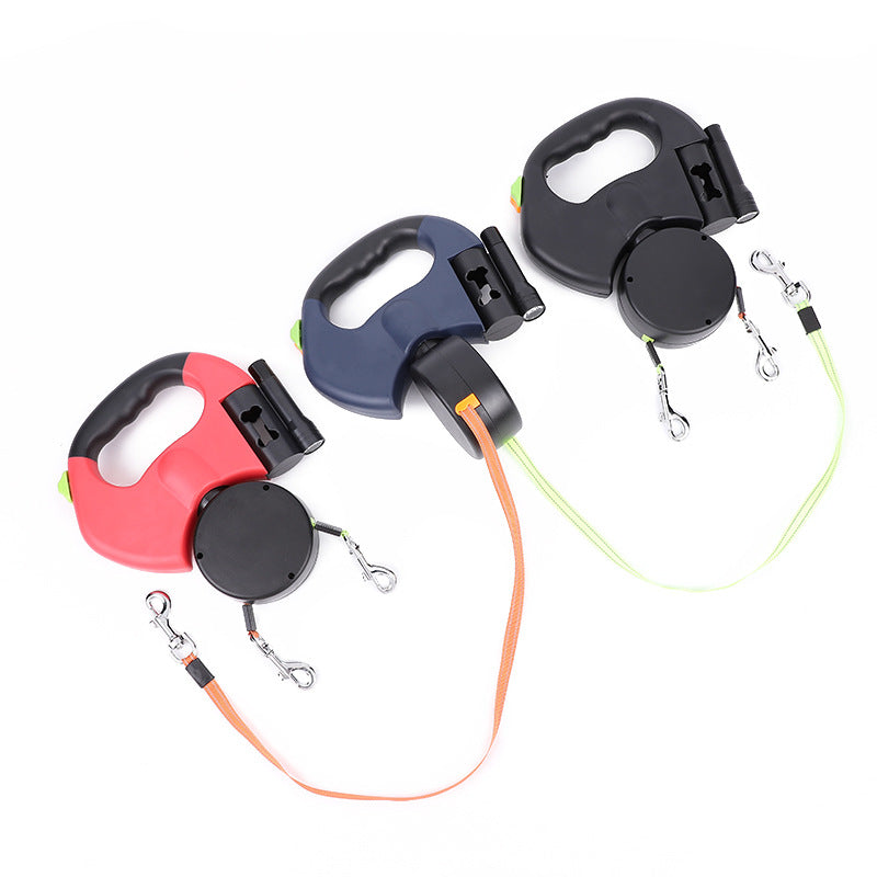 The dual dog leash shown in red, navy and white with orange and green lines