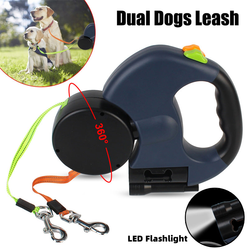 Dual retractable dog leash in navy with two lines and a built-in LED torch