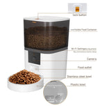 Labelled diagram of MATERA PET pet feeder: camera, 25 cup container, food outlet, stainless steel bowl