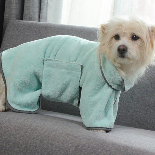 Quick Dry Dog Bathrobe on a sofa with the leg sleeves visible