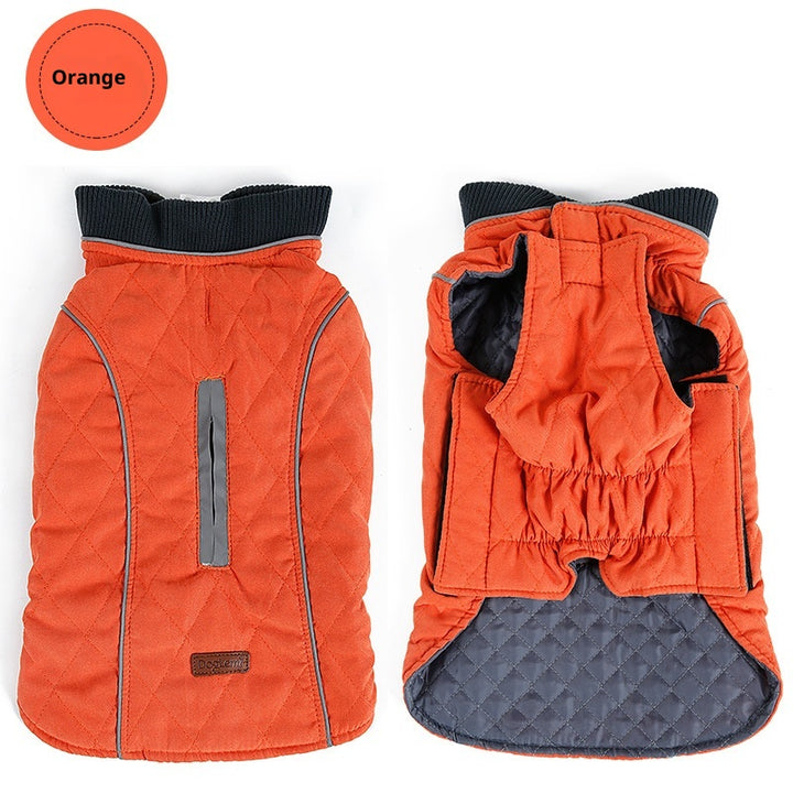 MATERA PET quilted winter dog coat in orange, high-visibility padded jacket with reflective strip for dark dog walks