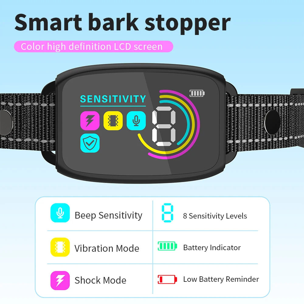 LCD display of the bark control collar showing sensitivity levels