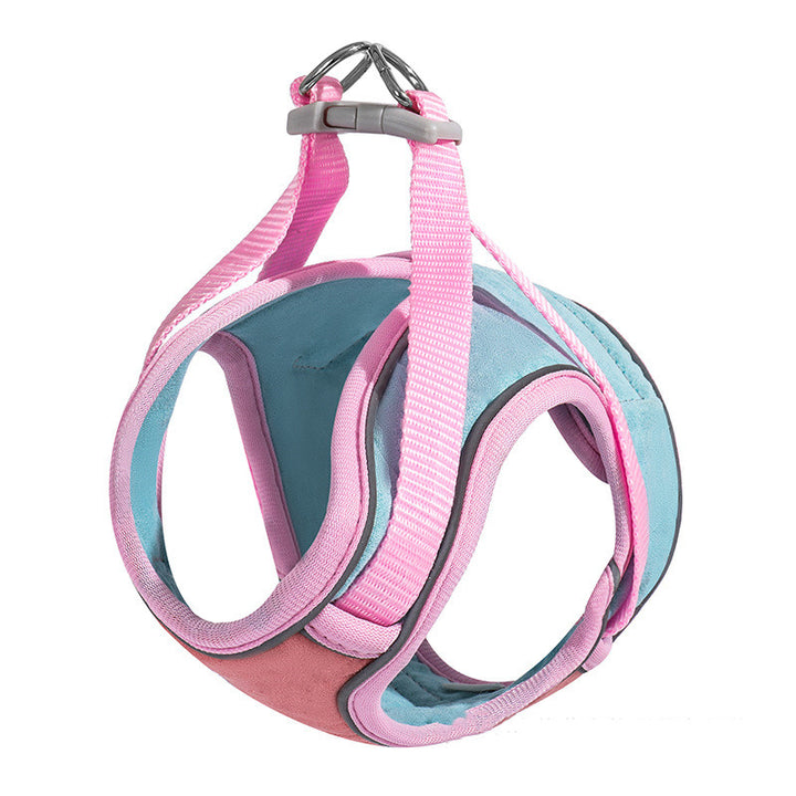 MATERA PET cat walking harness in Pink with teal faux-suede vest and reflective trim