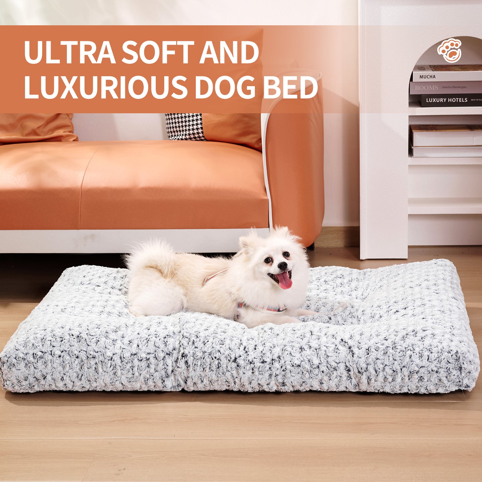 MATERA PET fluffy velvet dog bed mat in grey shown flat on the floor