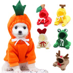 Small dog in MATERA PET carrot fleece hoodie beside apple, banana, frog and reindeer styles