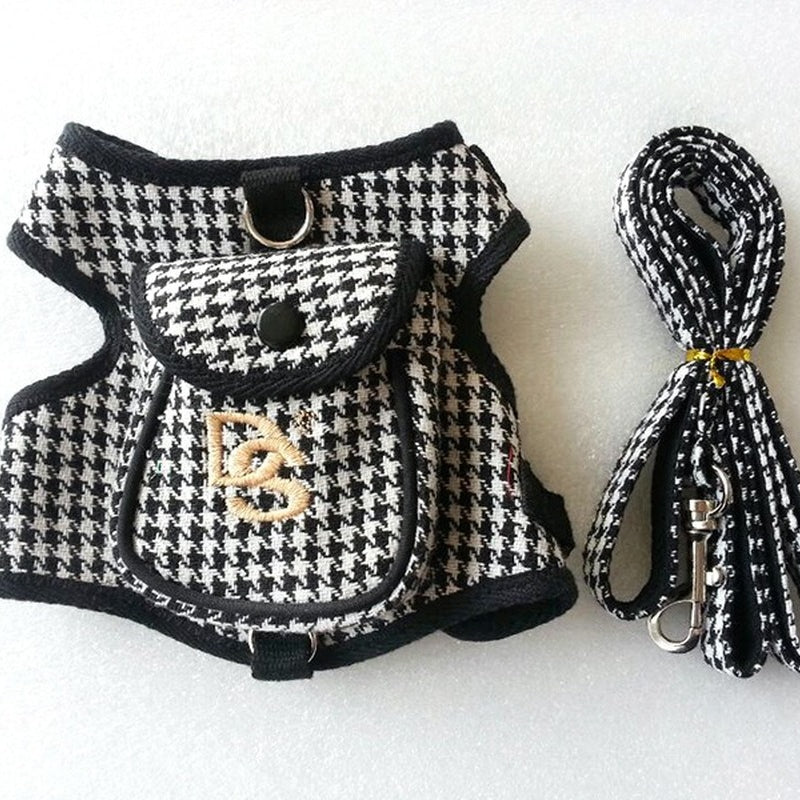MATERA PET houndstooth dog harness vest and matching leash set – black and white