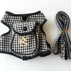 MATERA PET houndstooth dog harness vest and matching leash set – black and white