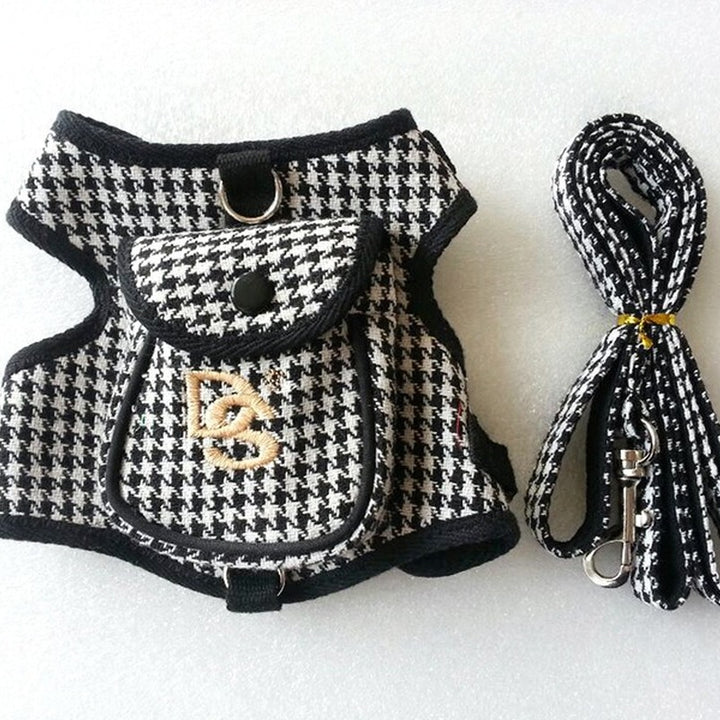 MATERA PET houndstooth dog harness vest and matching leash set – black and white
