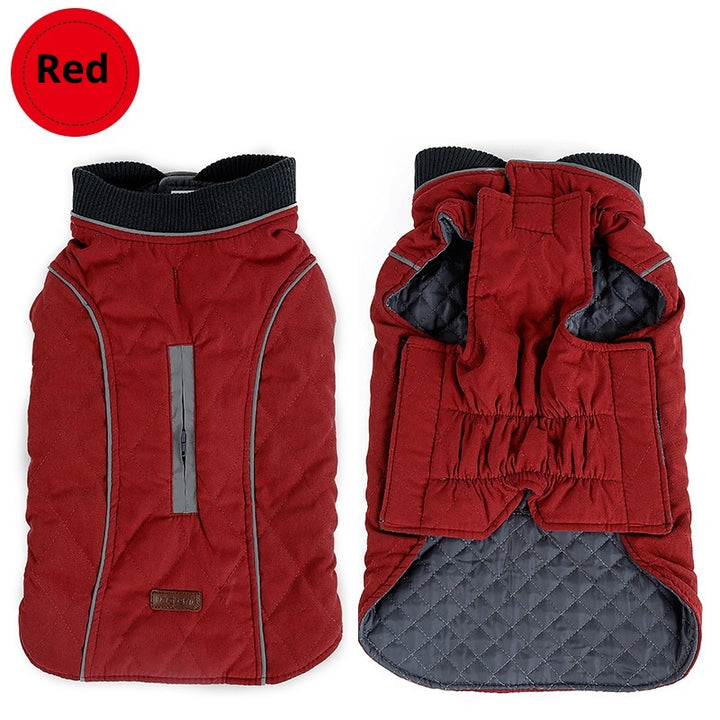 MATERA PET quilted winter dog coat in red, padded dog vest shown from the back and from underneath with grey quilted lining