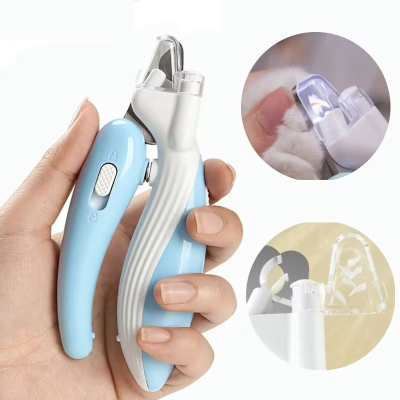 MATERA PET LED nail clipper held in hand with close-ups of the lit nail