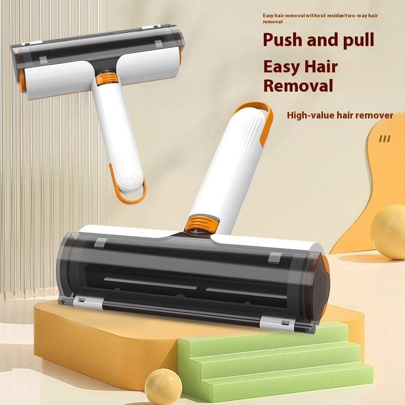 Push and pull action of the reusable pet hair roller shown from two angles