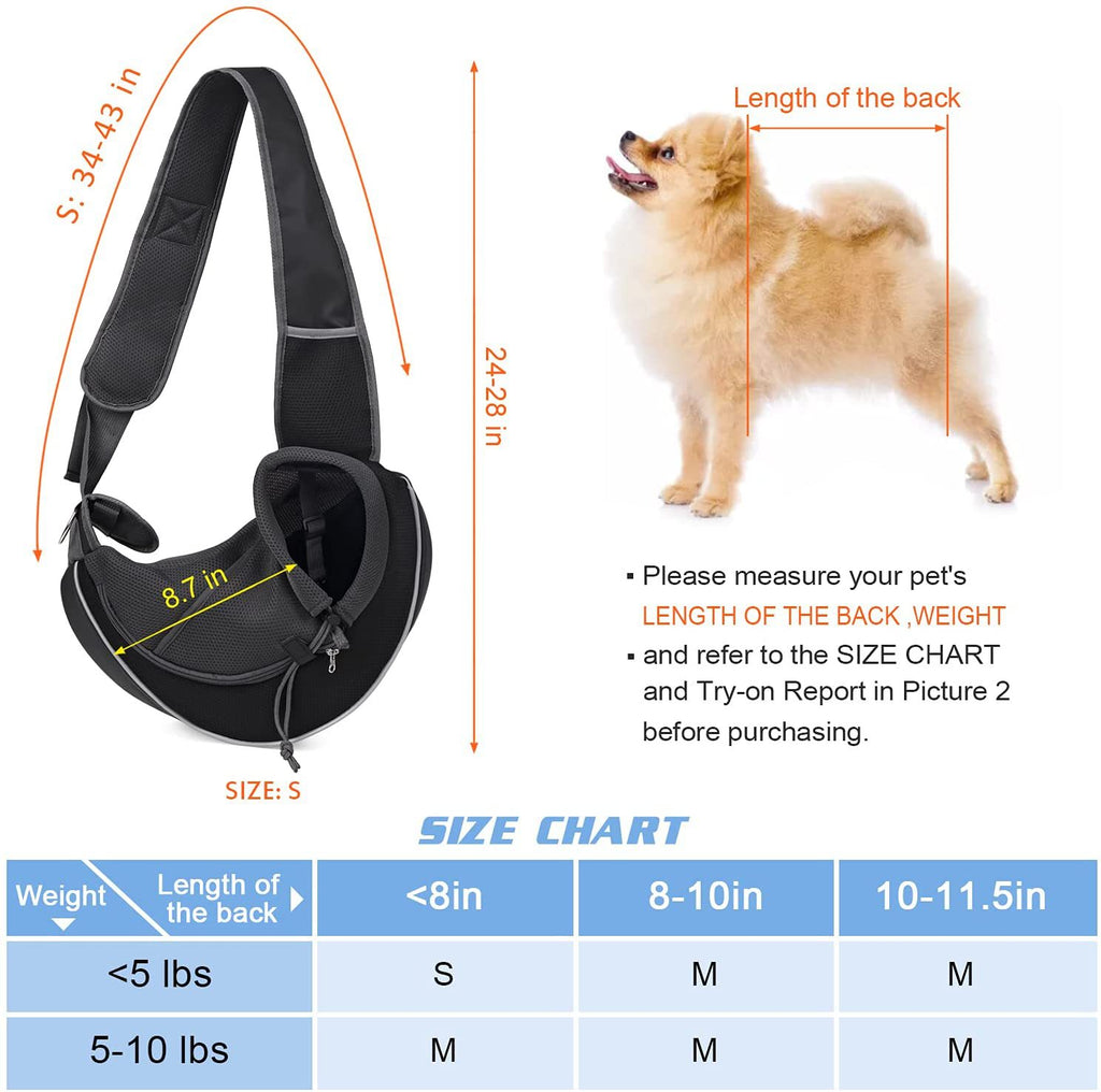 Size chart for the MATERA PET pet sling carrier with weight and back length