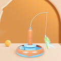 Orange and blue cat turntable toy with feather wand and ball